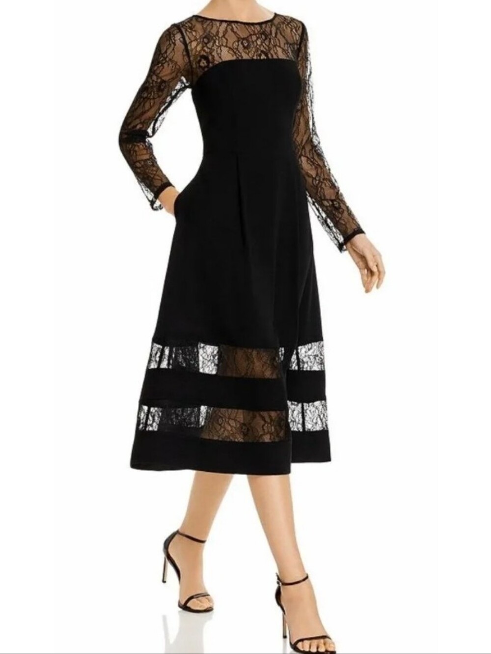 Aidan Mattox black lace sleeve and lace inset fit and flare midi dress